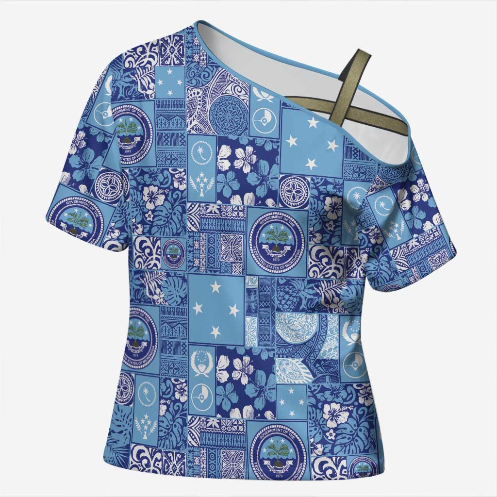 Federated States of Micronesia Merry Christmas Cross Shoulder Shirt Pacific Patchwork Xmas Vibes LT9 Female Blue - Polynesian Pride