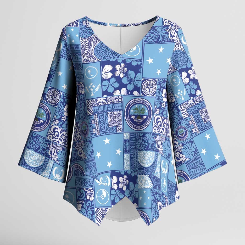 Federated States of Micronesia Merry Christmas Kimono Sleeve Blouse Pacific Patchwork Xmas Vibes LT9 Female Blue - Polynesian Pride