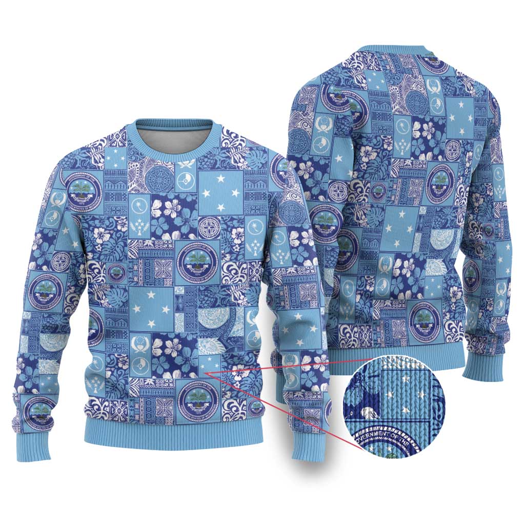 Federated States of Micronesia Merry Christmas Ugly Christmas Sweater Pacific Patchwork Xmas Vibes LT9 Blue - Polynesian Pride