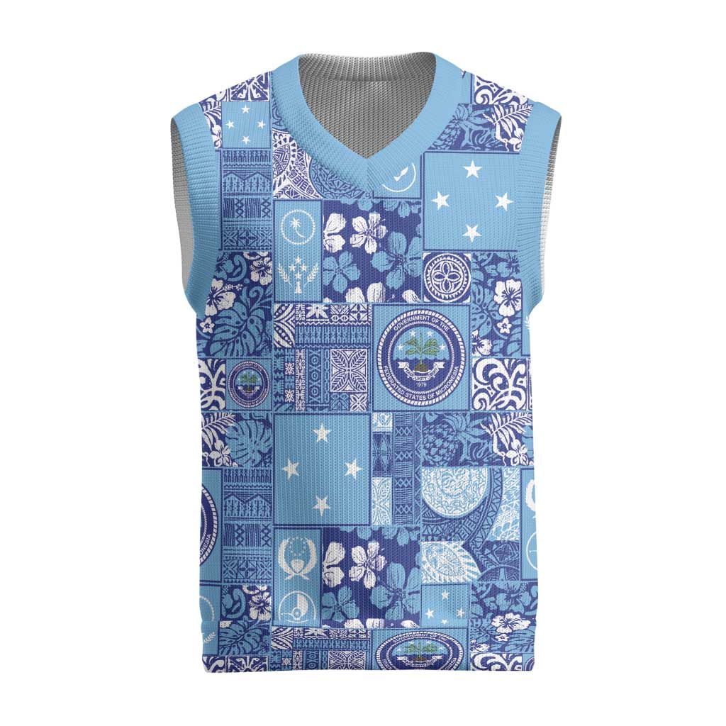 Federated States of Micronesia Merry Christmas Knitted V-Neck Vest Pacific Patchwork Xmas Vibes LT9 Blue - Polynesian Pride