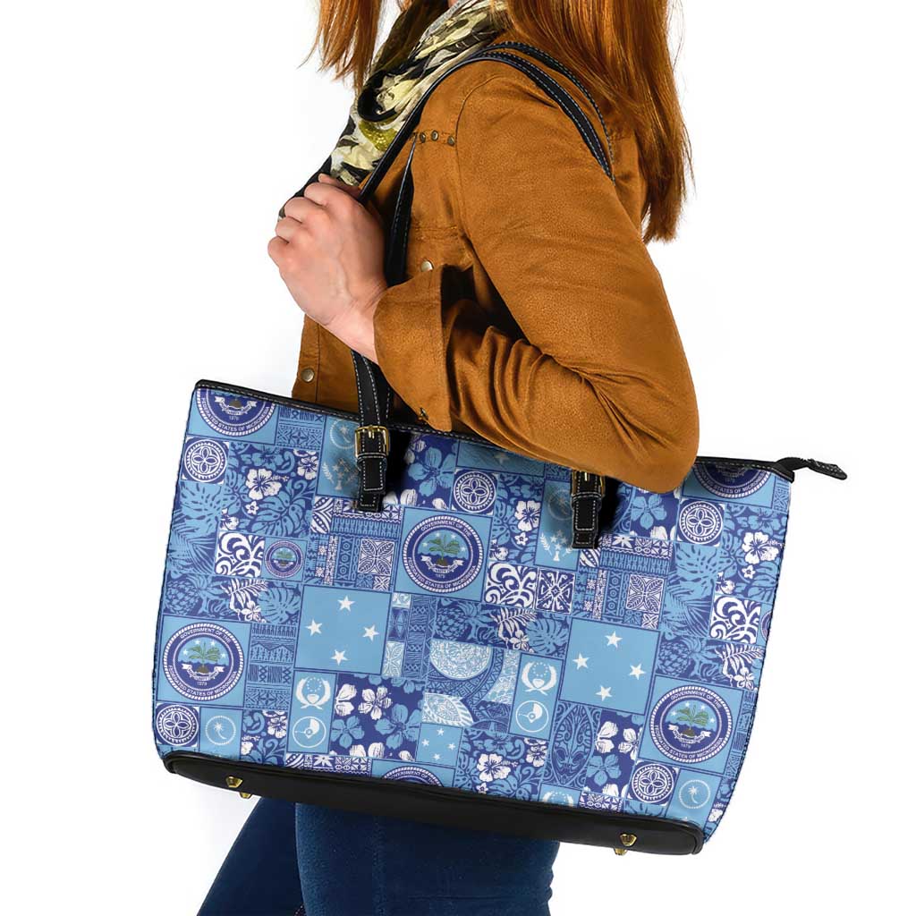 Federated States of Micronesia Merry Christmas Leather Tote Bag Pacific Patchwork Xmas Vibes LT9 Blue - Polynesian Pride