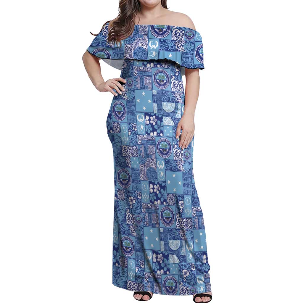 Federated States of Micronesia Merry Christmas Off Shoulder Maxi Dress Pacific Patchwork Xmas Vibes LT9 Women Blue - Polynesian Pride