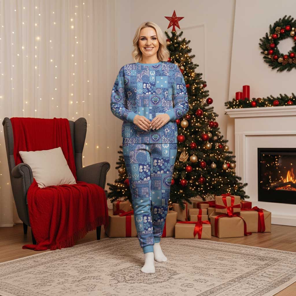 Federated States of Micronesia Merry Christmas Pajama Set Pacific Patchwork Xmas Vibes LT9 Women Blue - Polynesian Pride