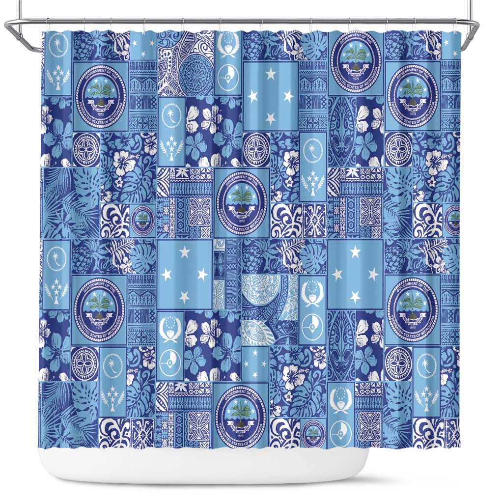 Federated States of Micronesia Merry Christmas Shower Curtain Pacific Patchwork Xmas Vibes LT9 Blue - Polynesian Pride