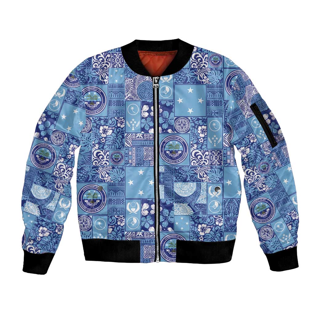 Federated States of Micronesia Merry Christmas Sleeve Zip Bomber Jacket Pacific Patchwork Xmas Vibes LT9 Unisex Blue - Polynesian Pride