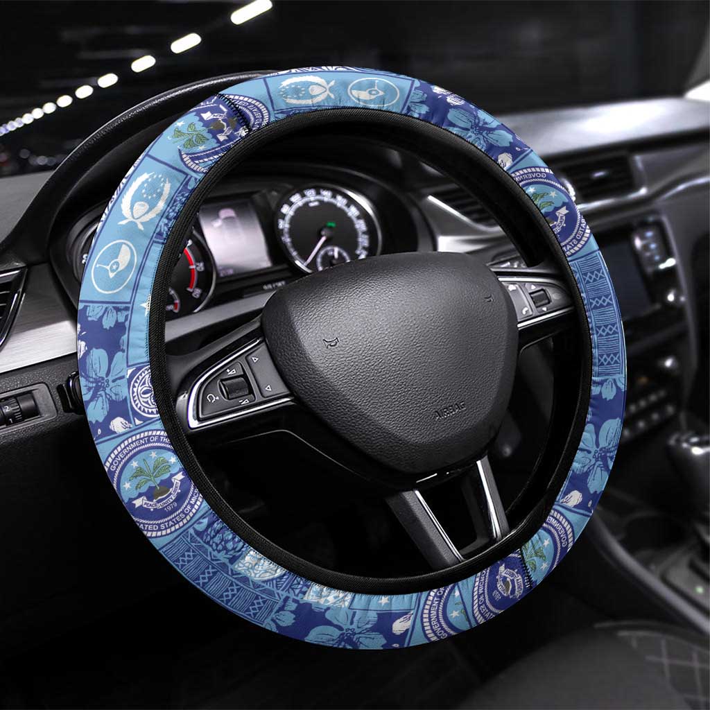 Federated States of Micronesia Merry Christmas Steering Wheel Cover Pacific Patchwork Xmas Vibes LT9 Universal Fit Blue - Polynesian Pride