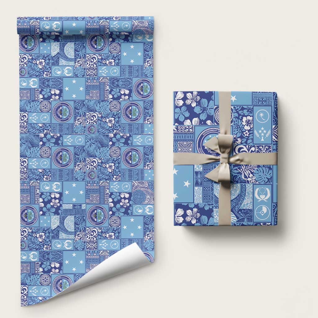 Federated States of Micronesia Merry Christmas Wrapping Paper Pacific Patchwork Xmas Vibes LT9 58" × 23" Blue - Polynesian Pride