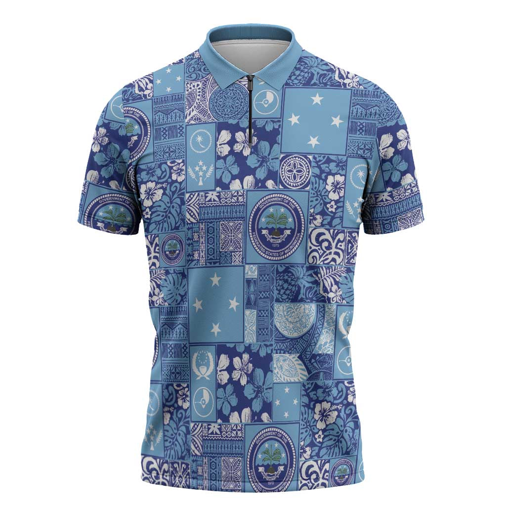 Federated States of Micronesia Merry Christmas Zipper Polo Shirt Pacific Patchwork Xmas Vibes LT9 Blue - Polynesian Pride