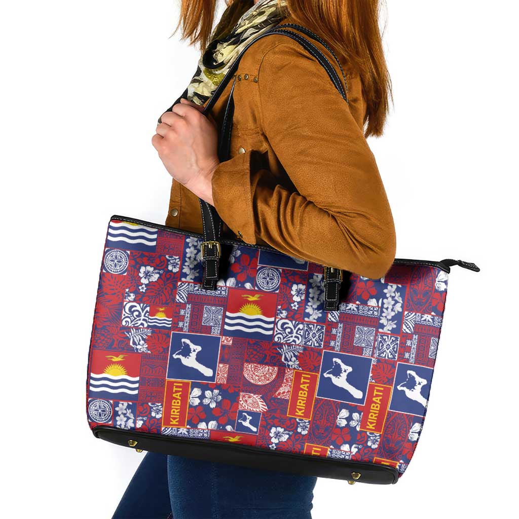 Kiribati Tekeraoi n te Kiritimati Leather Tote Bag Pacific Patchwork Xmas Vibes LT9 Red - Polynesian Pride