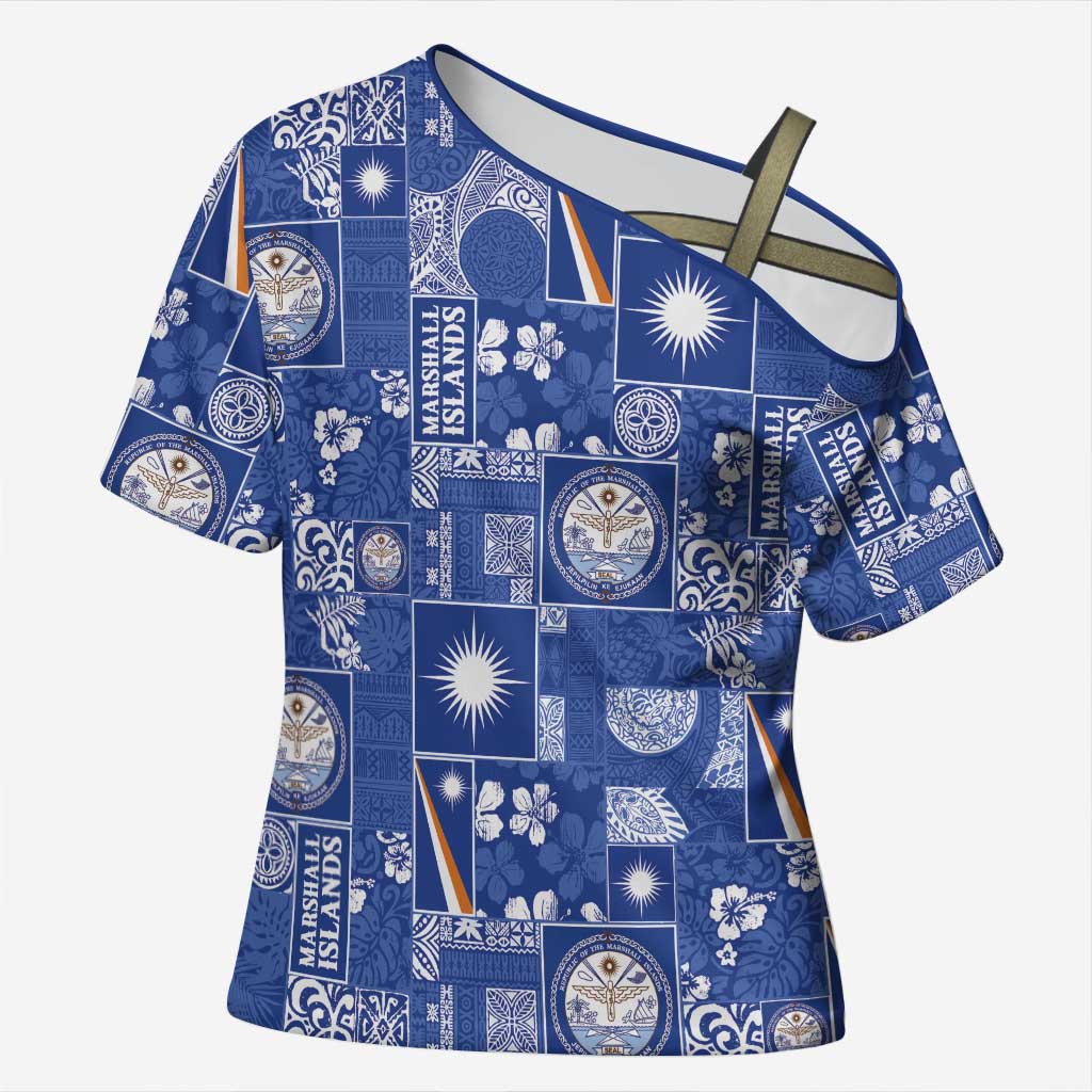 Marshall Islands Merry Christmas Cross Shoulder Shirt Pacific Patchwork Xmas Vibes LT9 Female Blue - Polynesian Pride
