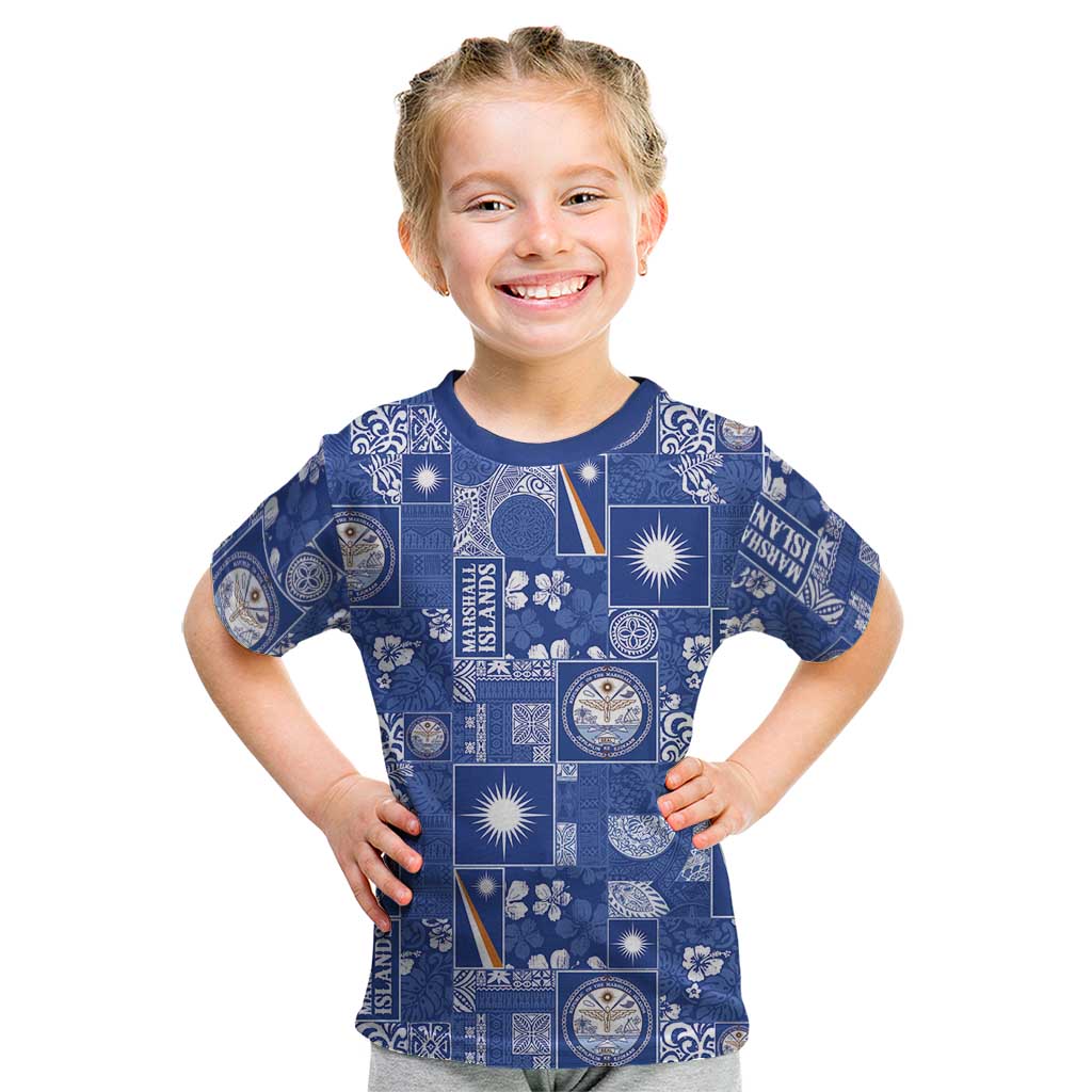 Marshall Islands Merry Christmas Kid T Shirt Pacific Patchwork Xmas Vibes LT9 Blue - Polynesian Pride