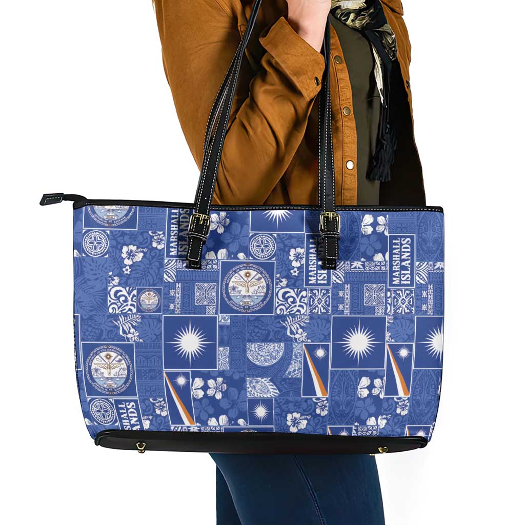 Marshall Islands Merry Christmas Leather Tote Bag Pacific Patchwork Xmas Vibes LT9 - Polynesian Pride