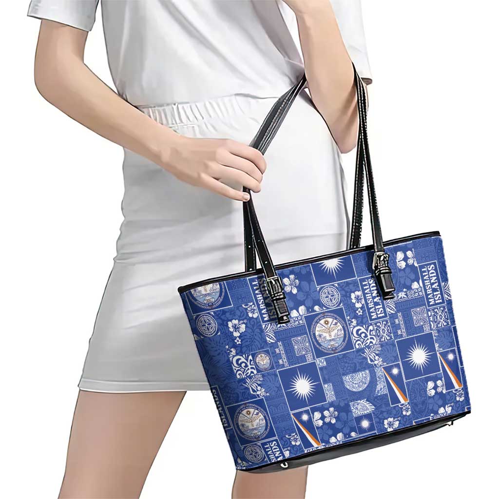 Marshall Islands Merry Christmas Leather Tote Bag Pacific Patchwork Xmas Vibes LT9 - Polynesian Pride