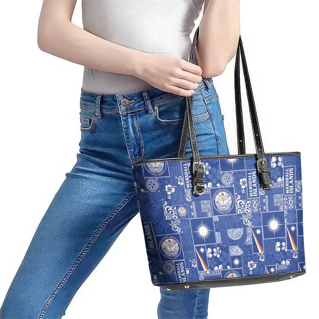Marshall Islands Merry Christmas Leather Tote Bag Pacific Patchwork Xmas Vibes LT9 - Polynesian Pride