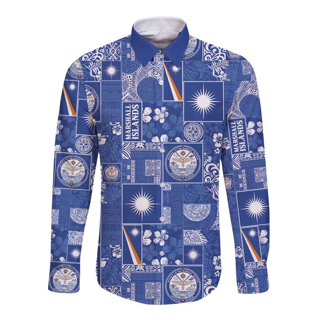Marshall Islands Merry Christmas Long Sleeve Button Shirt Pacific Patchwork Xmas Vibes LT9 Unisex Blue - Polynesian Pride