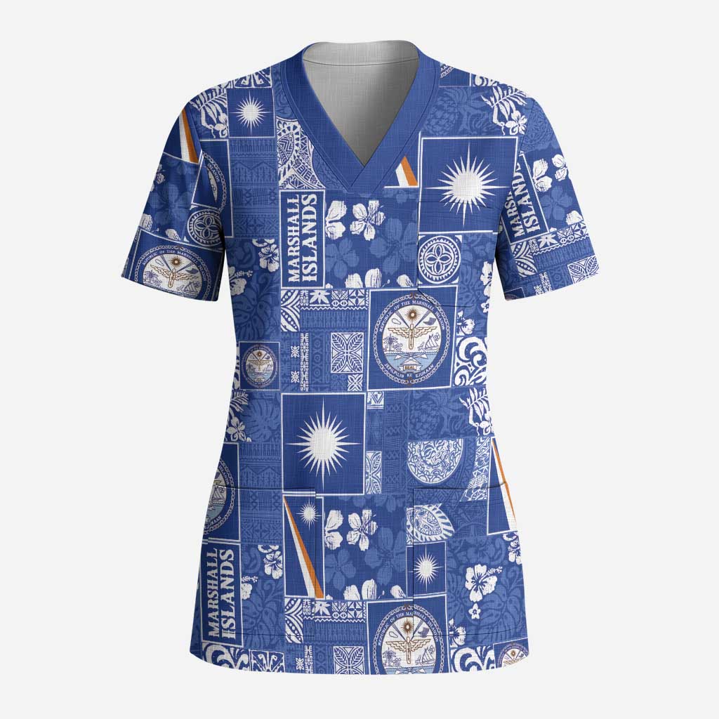 Marshall Islands Merry Christmas Scrub Top Pacific Patchwork Xmas Vibes LT9 Adult Blue - Polynesian Pride