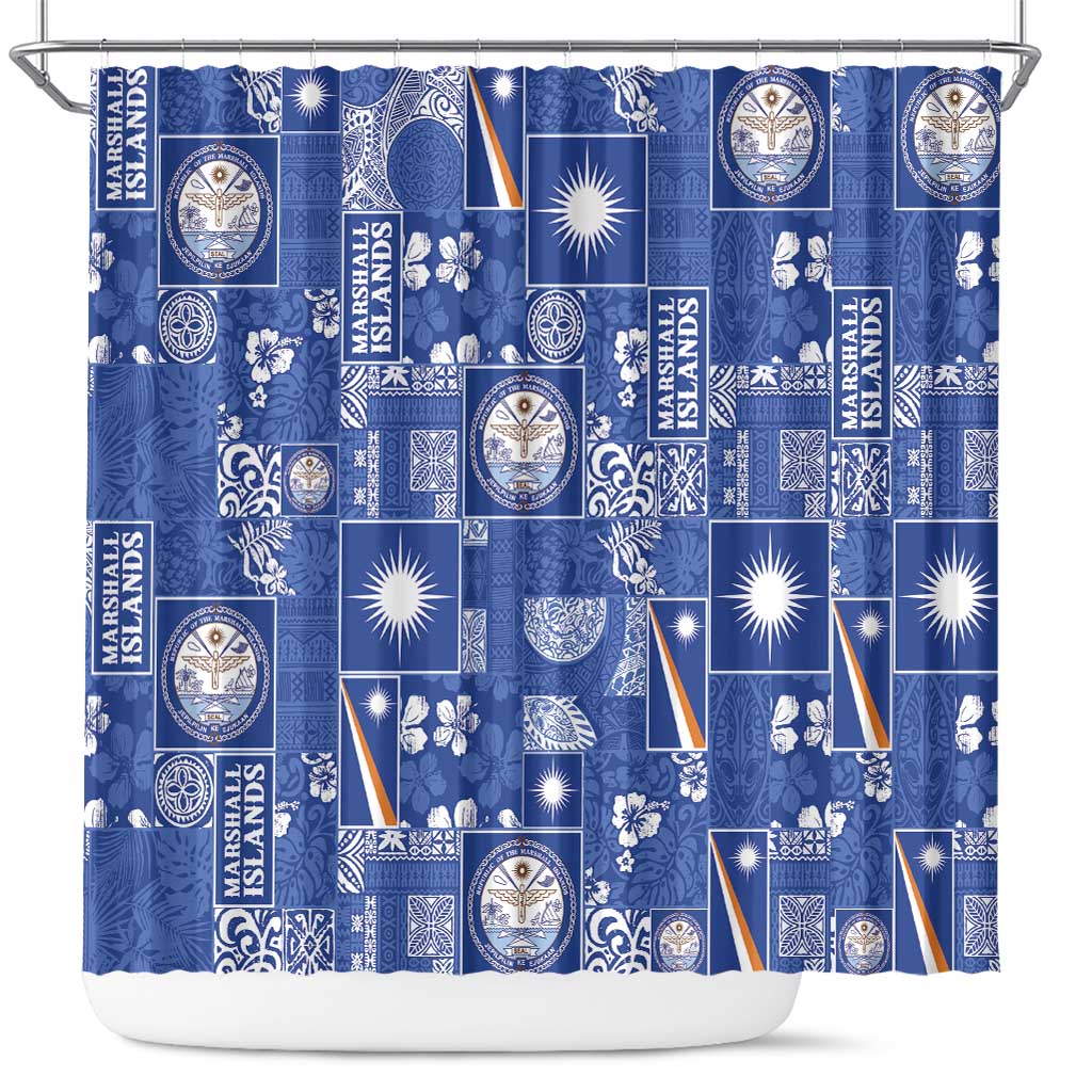Marshall Islands Merry Christmas Shower Curtain Pacific Patchwork Xmas Vibes LT9 Blue - Polynesian Pride