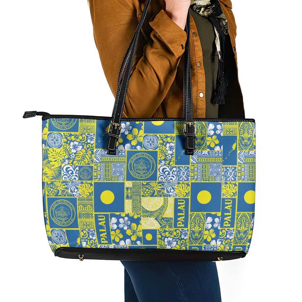 Palau Ungil Kurismas Leather Tote Bag Pacific Patchwork Xmas Vibes LT9 - Polynesian Pride