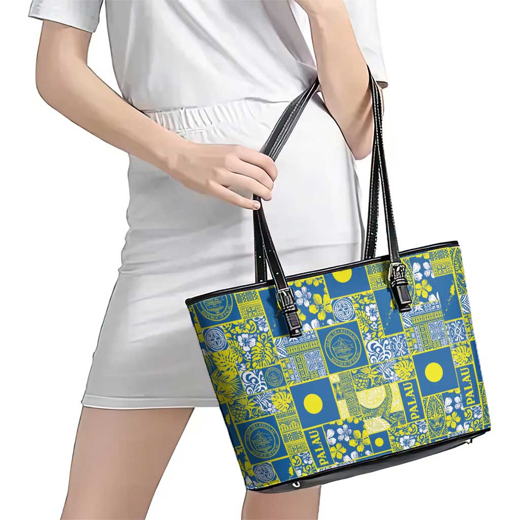 Palau Ungil Kurismas Leather Tote Bag Pacific Patchwork Xmas Vibes LT9 - Polynesian Pride