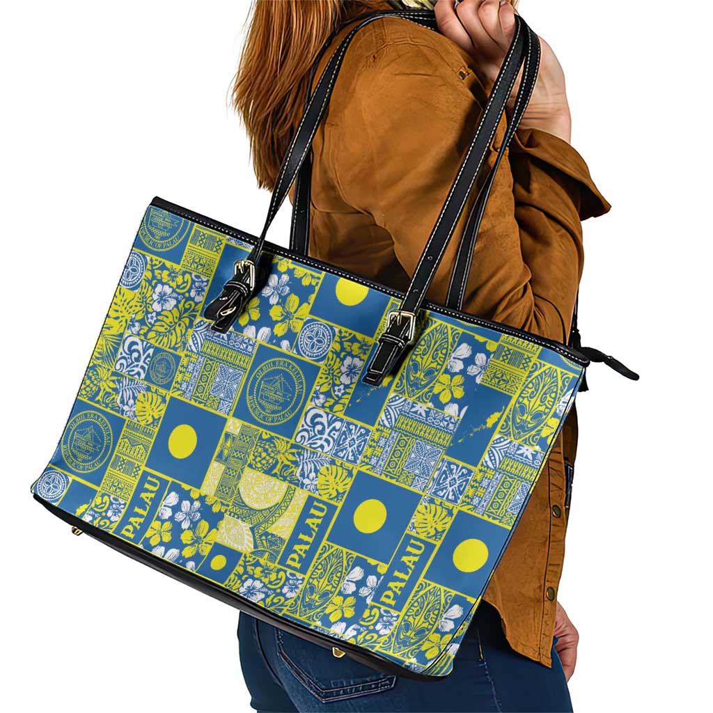 Palau Ungil Kurismas Leather Tote Bag Pacific Patchwork Xmas Vibes LT9 - Polynesian Pride