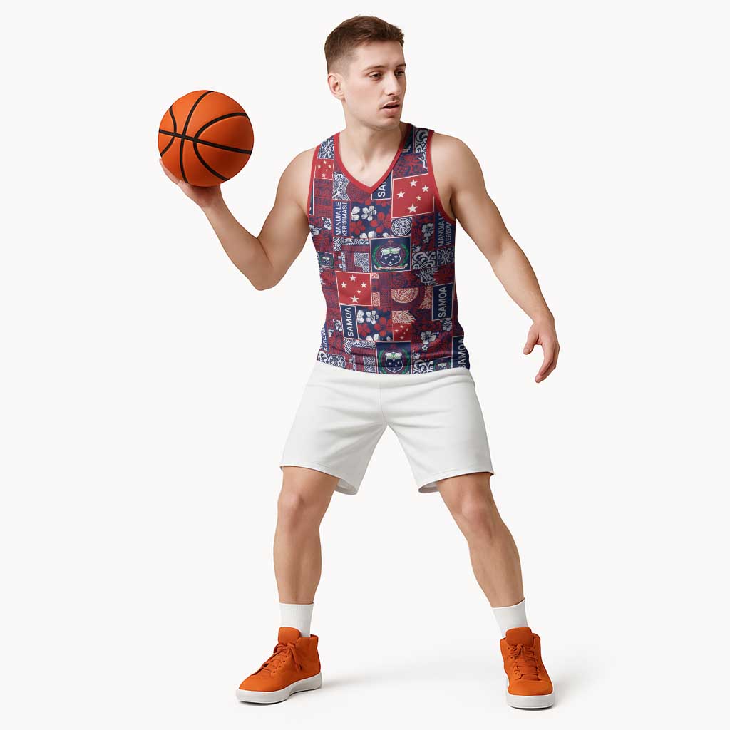 Red Samoa Manuia Le Kerisimasi Basketball Jersey Pacific Patchwork Xmas Vibes LT9 - Polynesian Pride
