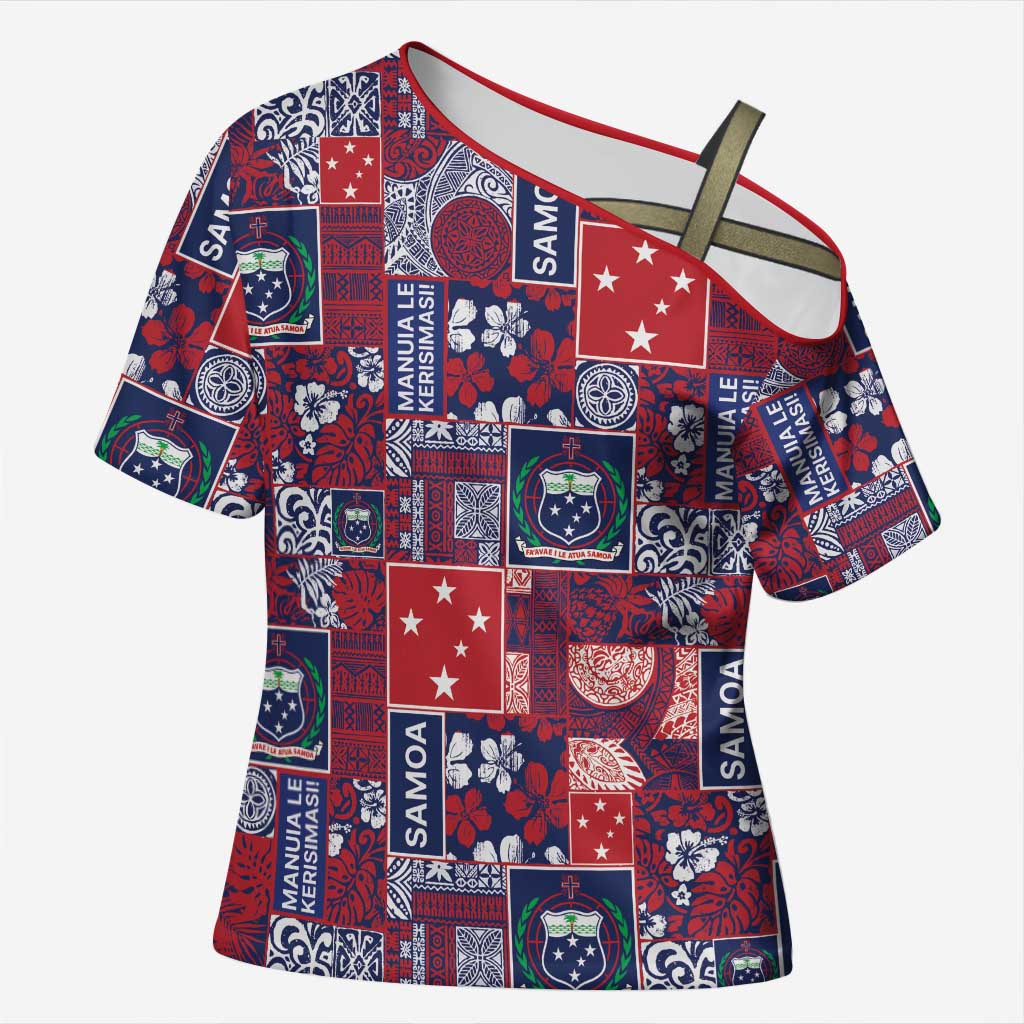 Red Samoa Manuia Le Kerisimasi Cross Shoulder Shirt Pacific Patchwork Xmas Vibes LT9 Female Red - Polynesian Pride
