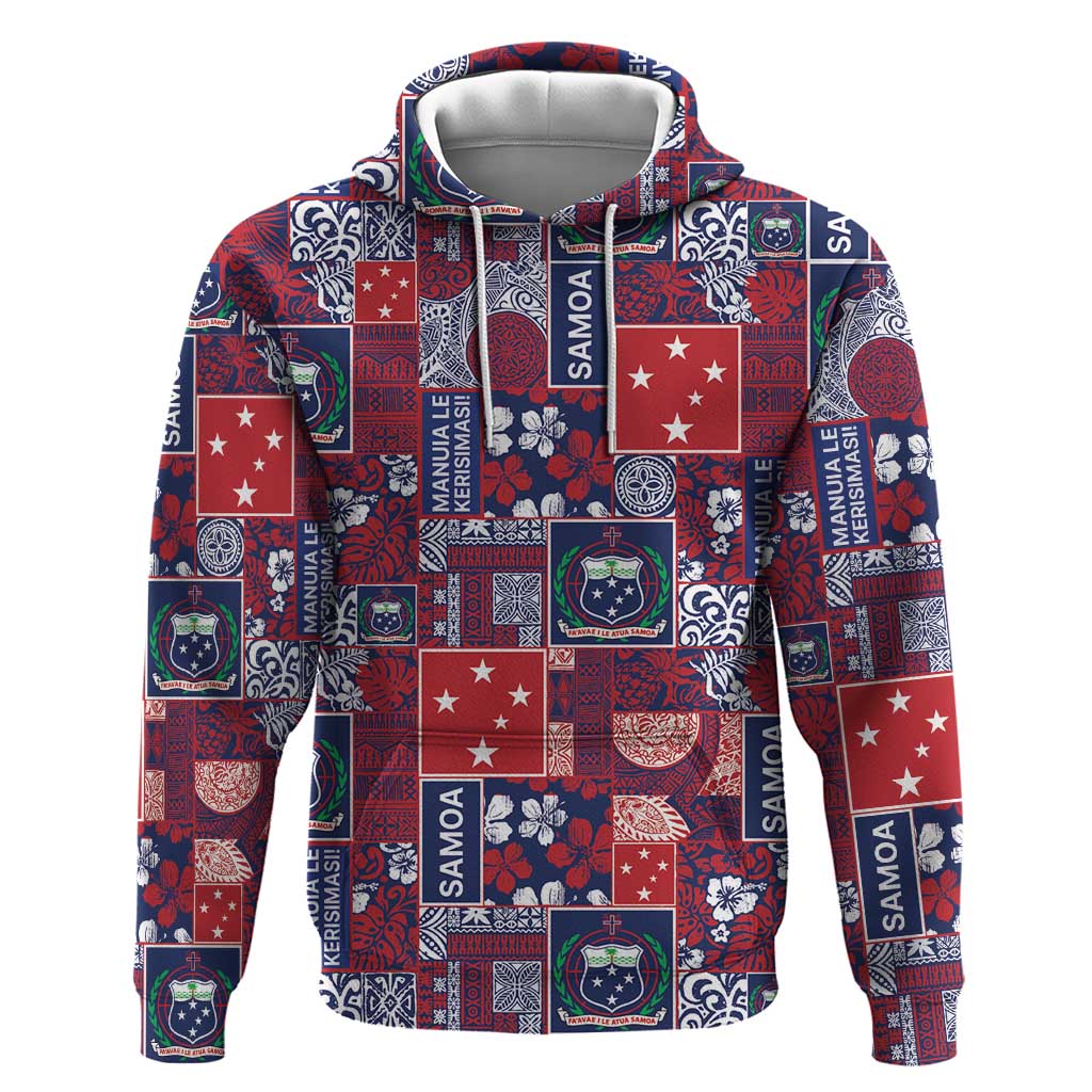 Red Samoa Manuia Le Kerisimasi Hoodie Pacific Patchwork Xmas Vibes LT9 Pullover Hoodie Red - Polynesian Pride