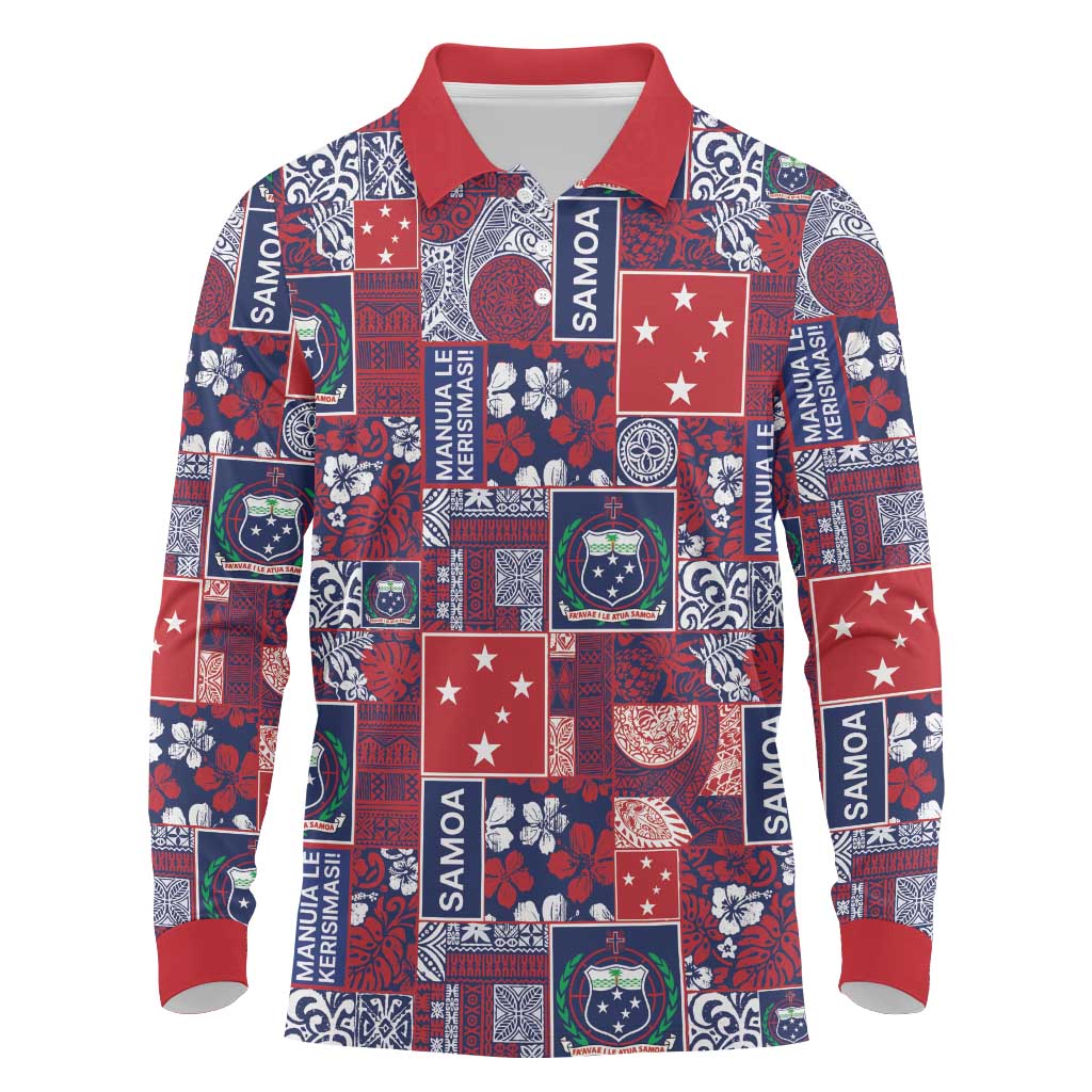 Red Samoa Manuia Le Kerisimasi Long Sleeve Polo Shirt Pacific Patchwork Xmas Vibes LT9 Red - Polynesian Pride