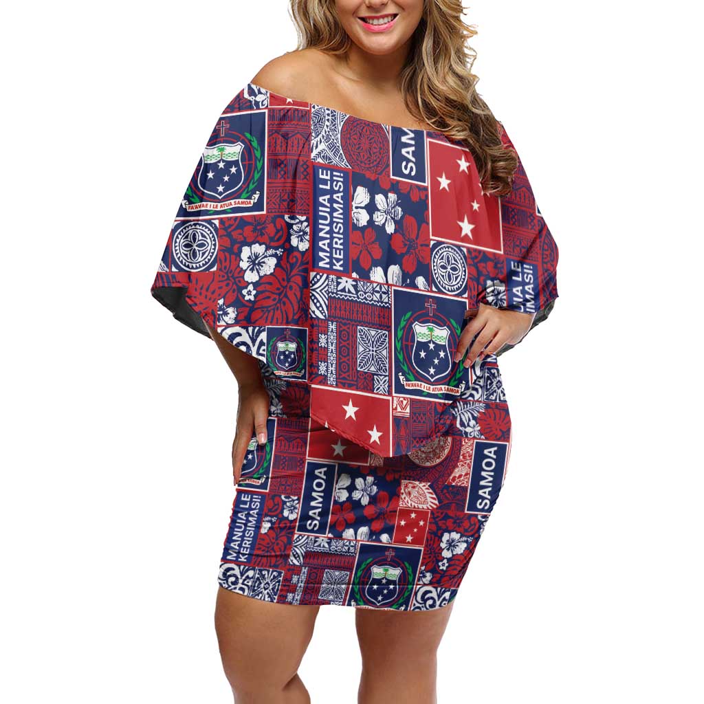 Red Samoa Manuia Le Kerisimasi Off Shoulder Short Dress Pacific Patchwork Xmas Vibes LT9 Women Red - Polynesian Pride
