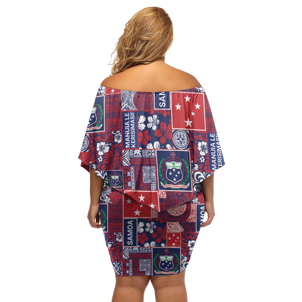 Red Samoa Manuia Le Kerisimasi Off Shoulder Short Dress Pacific Patchwork Xmas Vibes LT9 - Polynesian Pride
