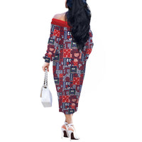 Red Samoa Manuia Le Kerisimasi Off The Shoulder Long Sleeve Dress Pacific Patchwork Xmas Vibes LT9 - Polynesian Pride