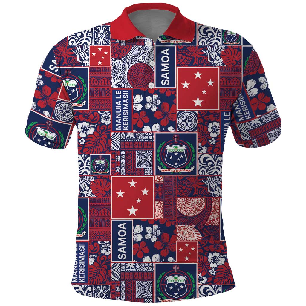 Red Samoa Manuia Le Kerisimasi Polo Shirt Pacific Patchwork Xmas Vibes LT9 Red - Polynesian Pride