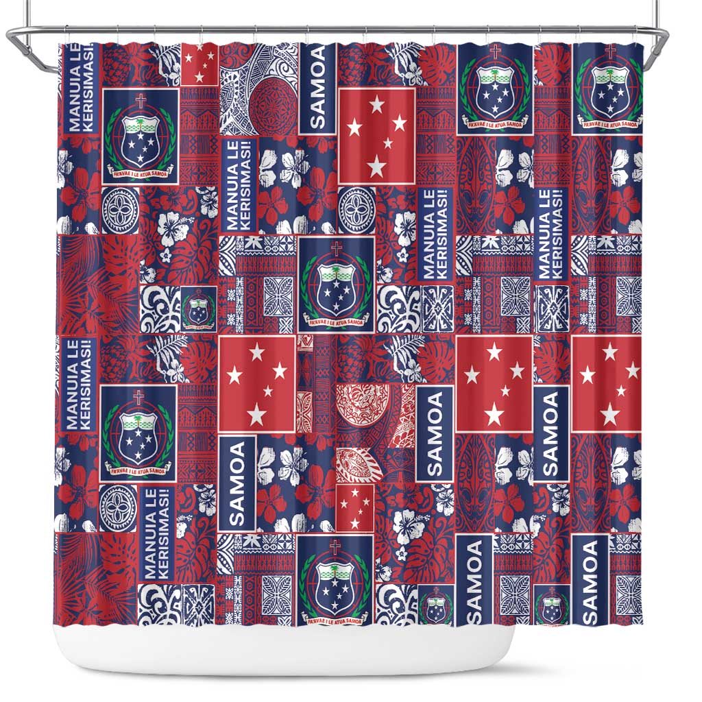 Red Samoa Manuia Le Kerisimasi Shower Curtain Pacific Patchwork Xmas Vibes LT9 Red - Polynesian Pride