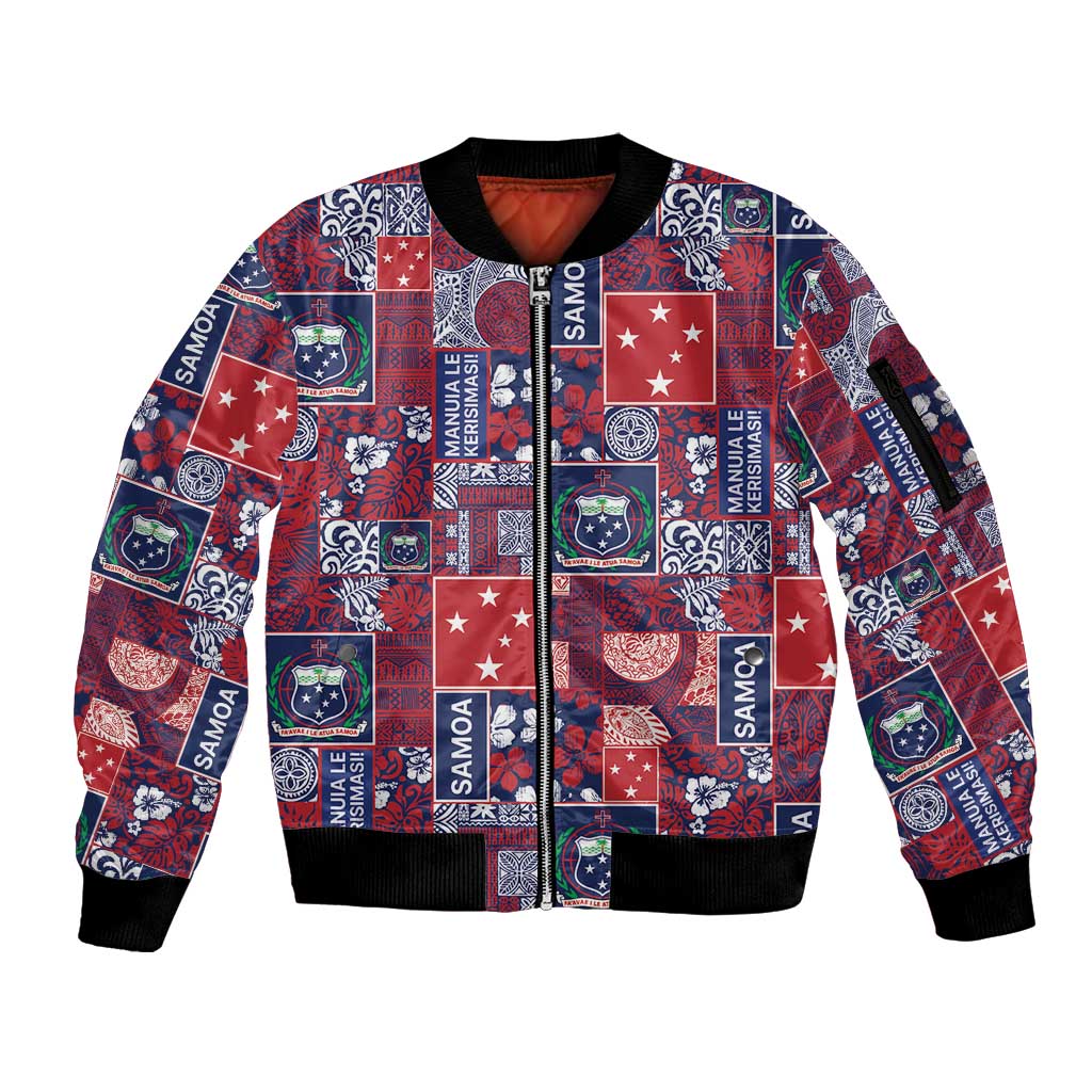 Red Samoa Manuia Le Kerisimasi Sleeve Zip Bomber Jacket Pacific Patchwork Xmas Vibes LT9 Unisex Red - Polynesian Pride