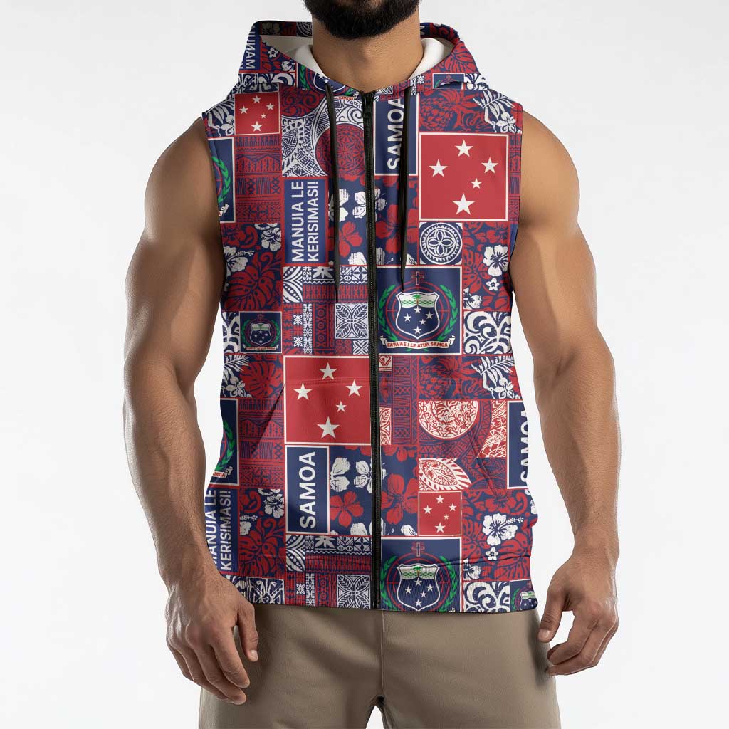 Red Samoa Manuia Le Kerisimasi Sleeveless Zip Hoodie Pacific Patchwork Xmas Vibes LT9 - Polynesian Pride