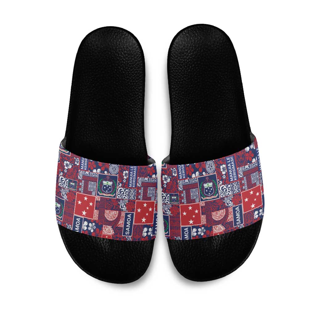 Red Samoa Manuia Le Kerisimasi Slide Sandals Pacific Patchwork Xmas Vibes LT9 Red - Polynesian Pride