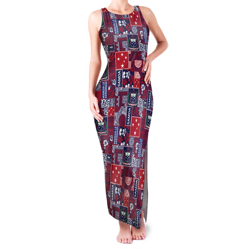 Red Samoa Manuia Le Kerisimasi Tank Maxi Dress Pacific Patchwork Xmas Vibes LT9 Women Red - Polynesian Pride