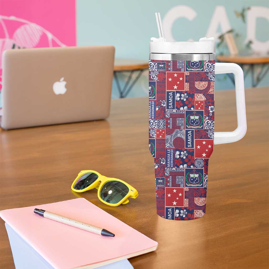 Red Samoa Manuia Le Kerisimasi Tumbler With Handle Pacific Patchwork Xmas Vibes LT9 - Polynesian Pride