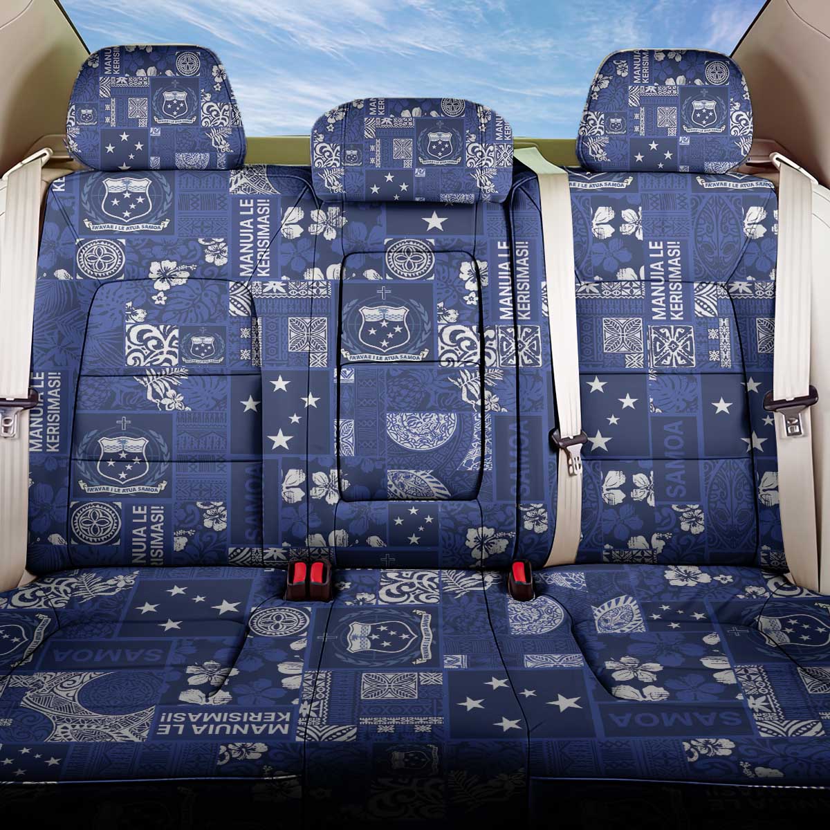 Blue Samoa Manuia Le Kerisimasi Back Car Seat Cover Pacific Patchwork Xmas Vibes LT9 One Size Blue - Polynesian Pride