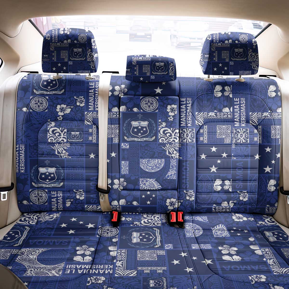 Blue Samoa Manuia Le Kerisimasi Back Car Seat Cover Pacific Patchwork Xmas Vibes LT9 - Polynesian Pride