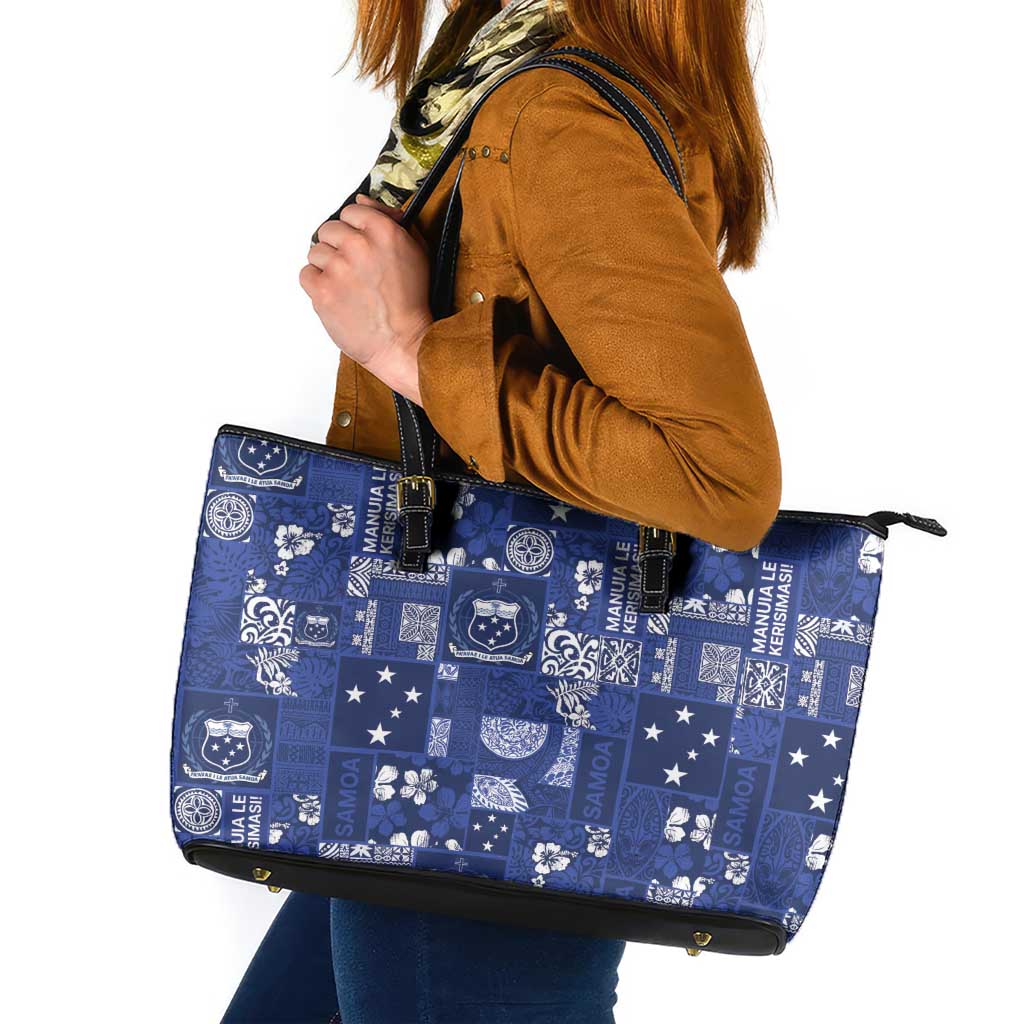 Blue Samoa Manuia Le Kerisimasi Leather Tote Bag Pacific Patchwork Xmas Vibes LT9 Blue - Polynesian Pride