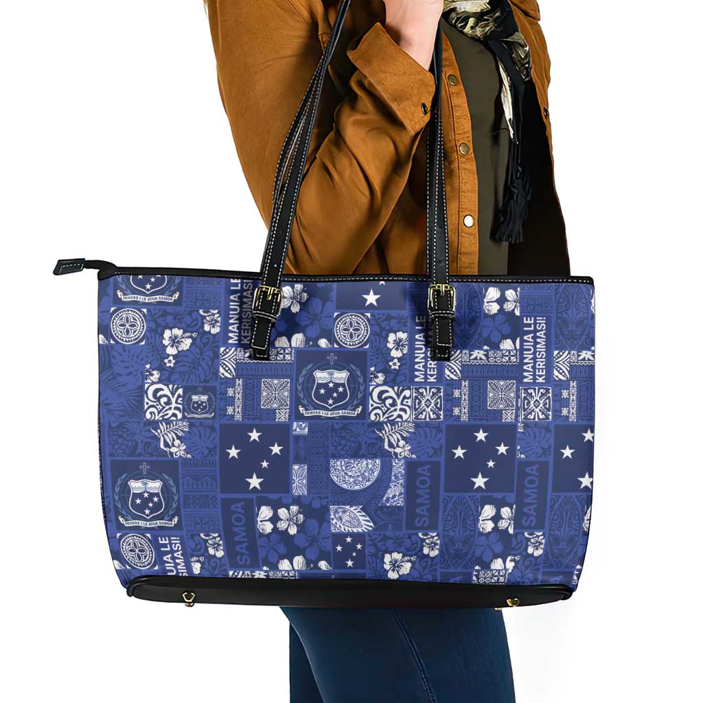 Blue Samoa Manuia Le Kerisimasi Leather Tote Bag Pacific Patchwork Xmas Vibes LT9 - Polynesian Pride