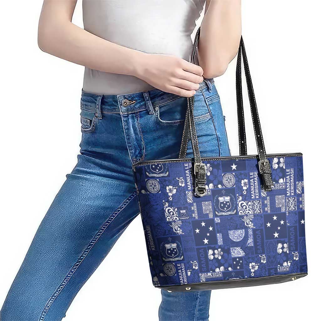 Blue Samoa Manuia Le Kerisimasi Leather Tote Bag Pacific Patchwork Xmas Vibes LT9 - Polynesian Pride