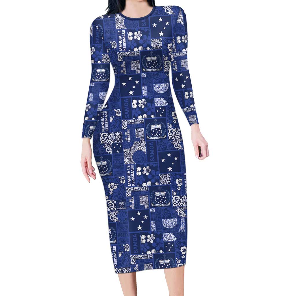 Blue Samoa Manuia Le Kerisimasi Long Sleeve Bodycon Dress Pacific Patchwork Xmas Vibes LT9 Long Dress Blue - Polynesian Pride