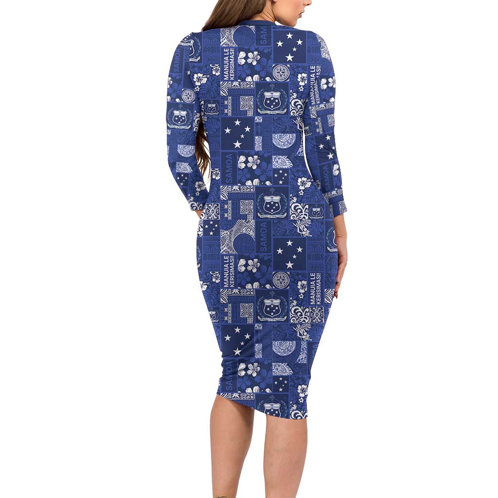Blue Samoa Manuia Le Kerisimasi Long Sleeve Bodycon Dress Pacific Patchwork Xmas Vibes LT9 - Polynesian Pride