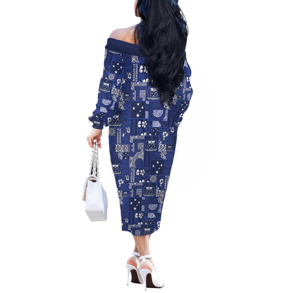 Blue Samoa Manuia Le Kerisimasi Off The Shoulder Long Sleeve Dress Pacific Patchwork Xmas Vibes LT9 - Polynesian Pride