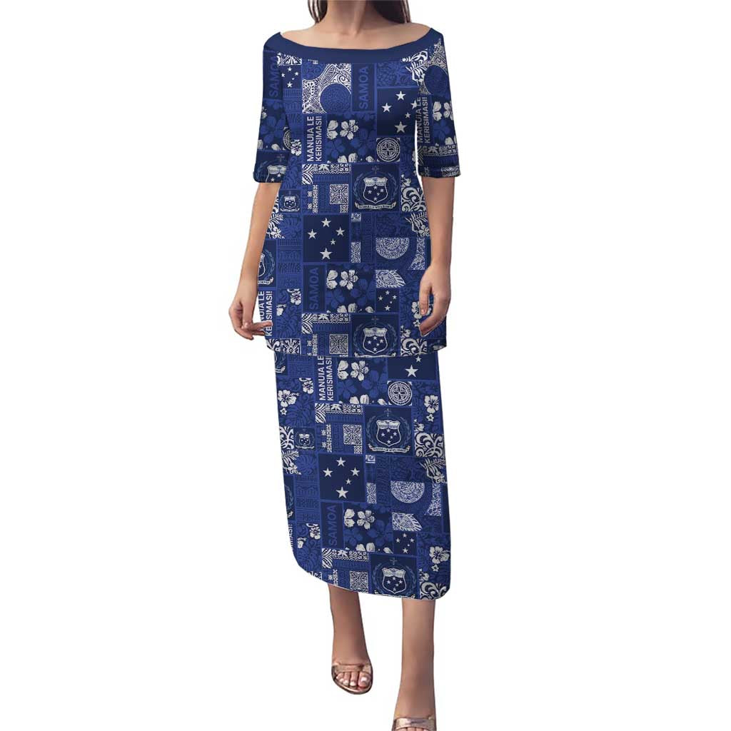 Blue Samoa Manuia Le Kerisimasi Puletasi Pacific Patchwork Xmas Vibes LT9 Long Dress Blue - Polynesian Pride