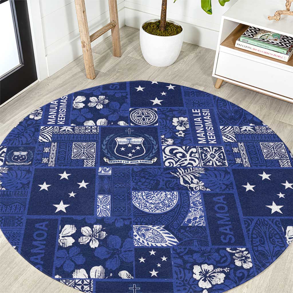 Blue Samoa Manuia Le Kerisimasi Round Carpet Pacific Patchwork Xmas Vibes LT9 Blue - Polynesian Pride