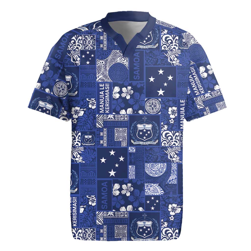 Blue Samoa Manuia Le Kerisimasi Rugby Jersey Pacific Patchwork Xmas Vibes LT9 Blue - Polynesian Pride