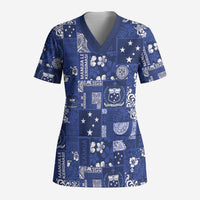 Blue Samoa Manuia Le Kerisimasi Scrub Top Pacific Patchwork Xmas Vibes LT9 Adult Blue - Polynesian Pride